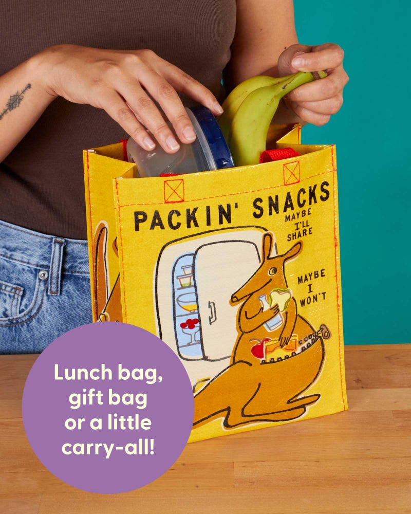 Blue Q Handy Tote, Packin' Snacks, reusable lunch sack or gift bag, made from 95% recycled material, easy to wipe clean, 10"h x 8.5"w x 4.5"d - Image 5
